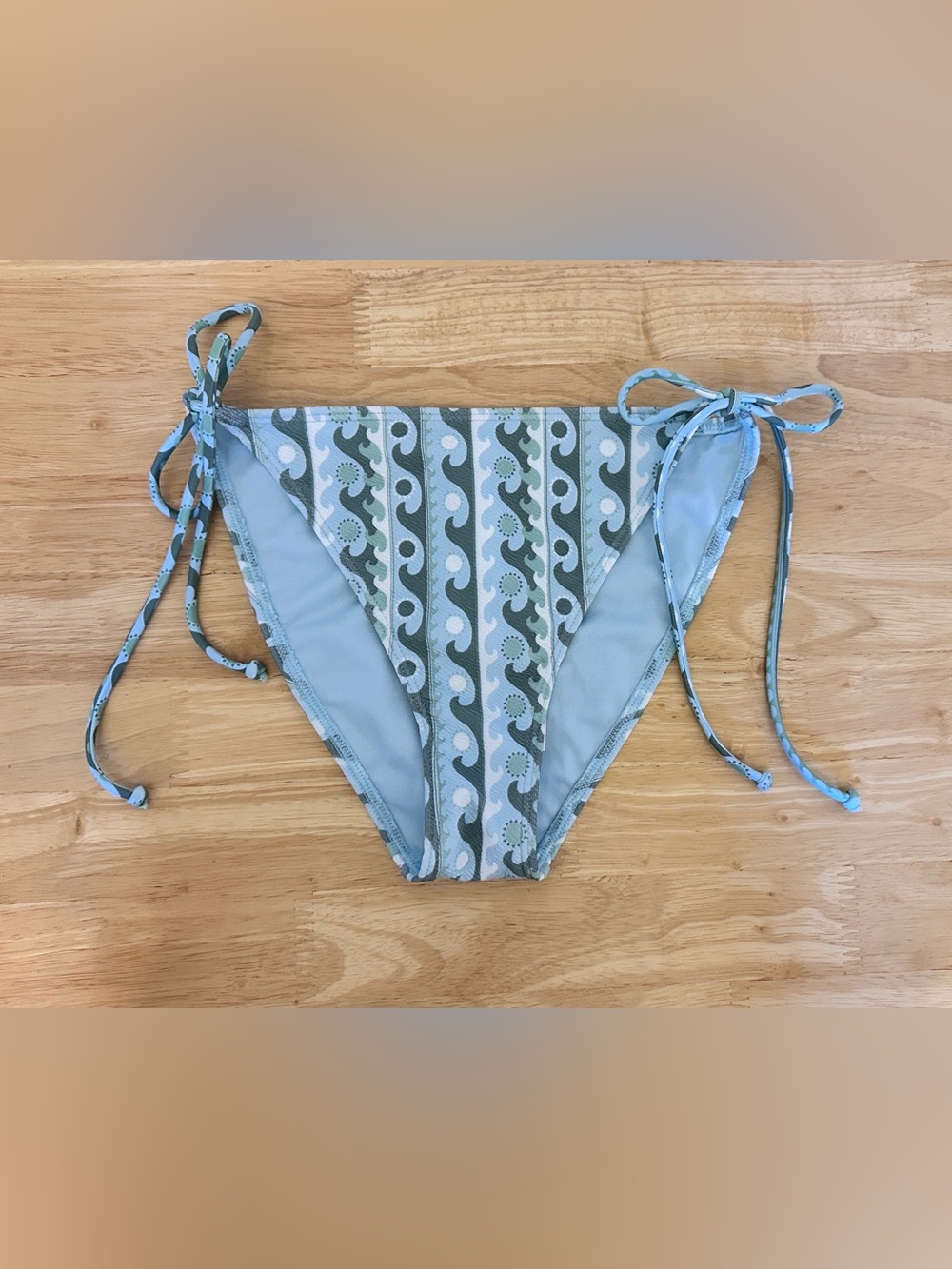 O'Neill Light Blue and Sage Green Wave-Print Tie-Side Bikini Bottoms